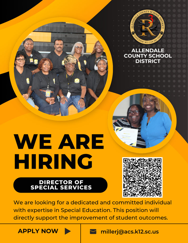We Are Hiring director of special SERVICES We are looking for a dedicated and committed individual with expertise in Special Education. This position will directly support the improvement of student outcomes. Apply Now allendale county school district millerj@acs.k12.sc.us