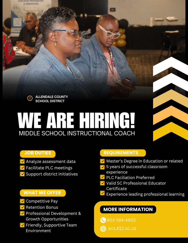 More Information Master’s Degree in Education or related 5 years of successful classroom experience PLC Faciliation Preferred Valid SC Professional Educator Certificate  Experience leading professional learning We Are Hiring! what we offer 803-584-4603 acs.k12.sc.us Competitive Pay Retention Bonus Professional Development & Growth Opportunities Friendly, Supportive Team Environment requirements allendale county school district Analyze assessment data Support district initiatives job duties Facilitate PLC meetings