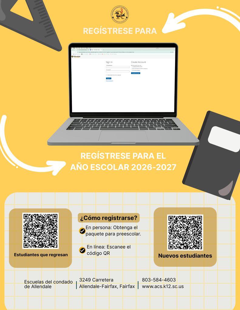 ¿Cómo registrarse? regístrese para el Año escolar 2026-2027 regístrese para En persona: Obtenga el paquete para preescolar. Estudiantes que regresan En línea: Escanee el código QR Nuevos estudiantes
