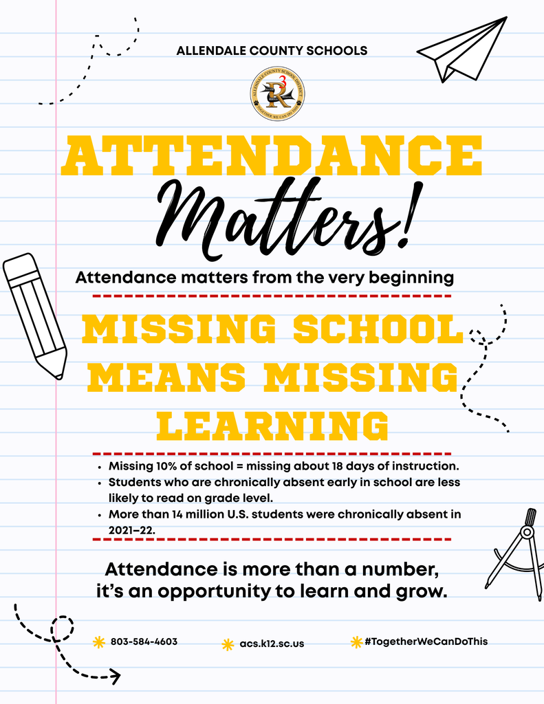 Attendance Matters! Attendance matters from the very beginning allendale county schools 803-584-4603 #TogetherWeCanDoThis acs.k12.sc.us Attendance is more than a number, it’s an opportunity to learn and grow. Missing 10% of school = missing about 18 days of instruction. Students who are chronically absent early in school are less likely to read on grade level. More than 14 million U.S. students were chronically absent in 2021–22. missing school means missing learning
