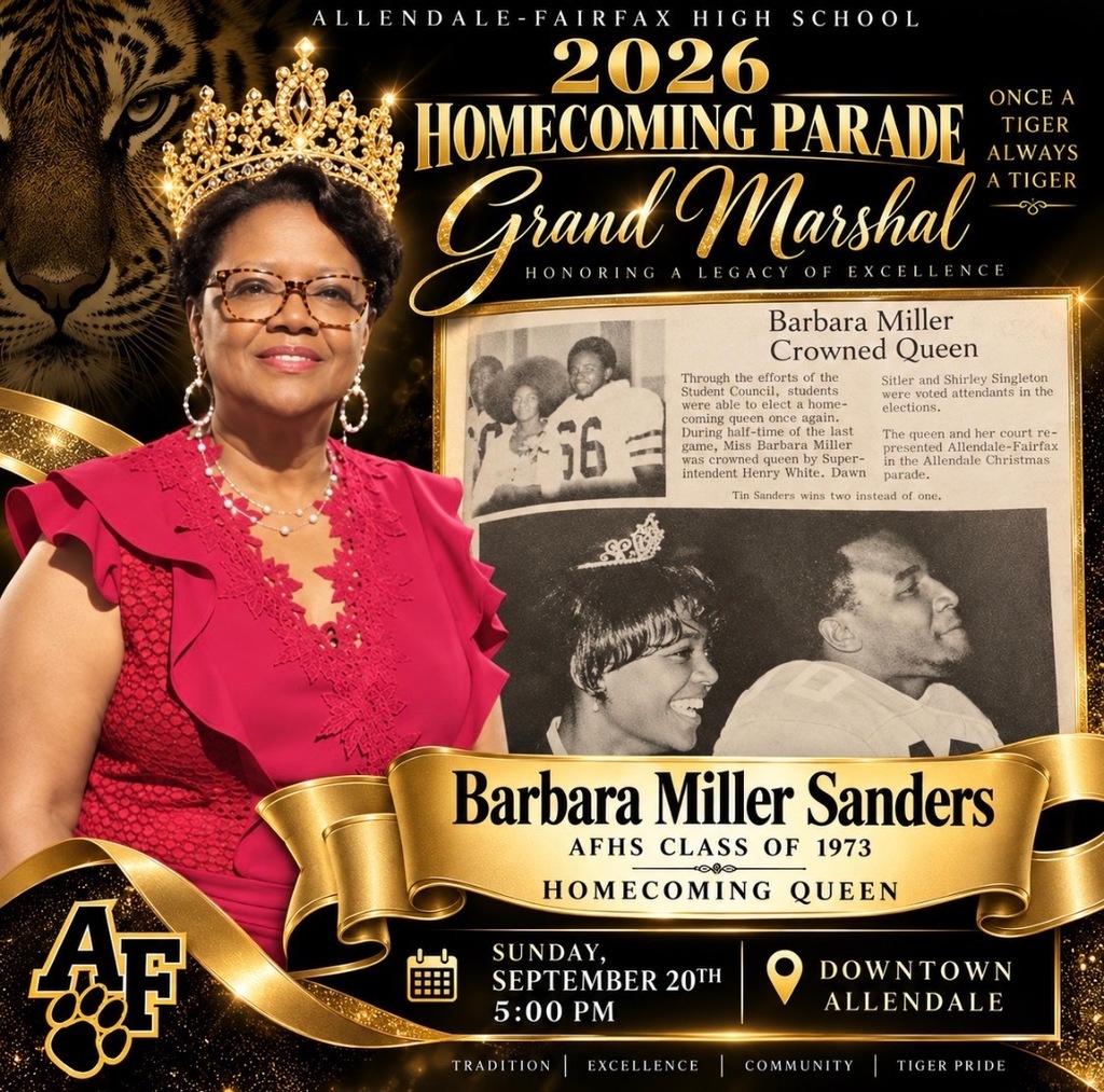 allendale fairfax high school 2026 homecoming parade grand marshall barbara miller sanders afhs class of 1973 sudnay september 20th 5:00 pm downtown allendale tradition excellence community tiger pride once a tiger always a tiger newspaper clipping
