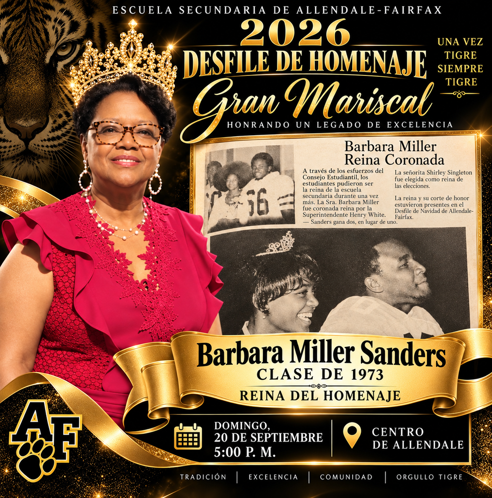 Gran mariscal del desfile de Homecoming 2026 de la escuela secundaria Allendale Fairfax: Barbara Miller Sanders (promoción de 1973 de AFHS). Domingo 20 de septiembre, 5:00 p. m., centro de Allendale. Tradición, excelencia, comunidad, orgullo Tiger; «una vez Tiger, siempre Tiger». Recorte de periódico.