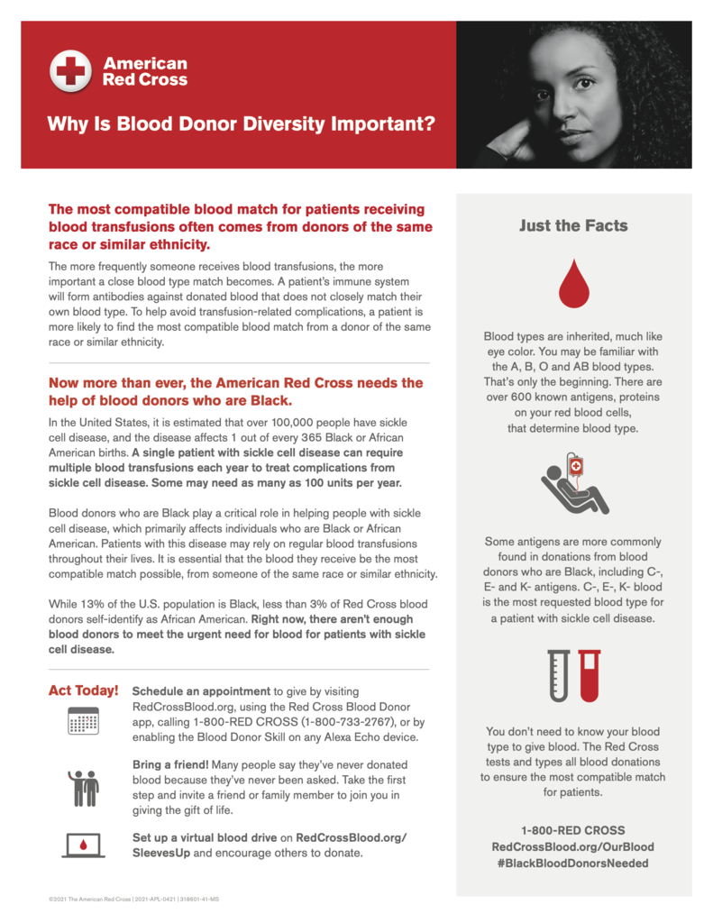 American Red Cross Why Is Blood Donor Diversity Important? The most compatible blood match for patients receiving blood transfusions often comes from donors of the same race or similar ethnicity. The more frequently someone receives blood transfusions, the more important a close blood type match becomes. A patient's immune system will form antibodies against donated blood that does not closely match their own blood type. To help avoid transfusion-related complications, a patient is more likely to find the most compatible blood match from a donor of the same race or similar ethnicity. Now more than ever, the American Red Cross needs the help of blood donors who are Black. In the United States, it is estimated that over 100,000 people have sickle cell disease, and the disease affects 1 out of every 365 Black or African American births. A single patient with sickle cell disease can require multiple blood transfusions each year to treat complications from sickle cell disease. Some may need as many as 100 units per year. Blood donors who are Black play a critical role in helping people with sickle cell disease, which primarily affects individuals who are Black or African American. Patients with this disease may rely on regular blood transfusions throughout their lives. It is essential that the blood they receive be the most compatible match possible, from someone of the same race or similar ethnicity. While 13% of the U.S. population is Black, less than 3% of Red Cross blood donors self-identify as African American. Right now, there aren't enough blood donors to meet the urgent need for blood for patients with sickle cell disease. Act Today! Schedule an appointment to give by visiting RedCrossBlood.org, using the Red Cross Blood Donor app, calling 1-800-RED CROSS (1-800-733-2767), or by enabling the Blood Donor Skill on any Alexa Echo device. Bring a friend! Many people say they've never donated blood because they've never been asked. Take the first step and invite a friend or family member to join you in giving the gift of life. Set up a virtual blood drive on RedCrossBlood.org/ SleevesUp and encourage others to donate. 909 The American Red Cross | 9091-API-0491 | 318601-41-MS Just the Facts Blood types are inherited, much like eye color. You may be familiar with the A, B, O and AB blood types. That's only the beginning. There are over 600 known antigens, proteins on your red blood cells, that determine blood type. Some antigens are more commonly found in donations from blood donors who are Black, including C-, E- and K- antigens. C-, E-, K- blood is the most requested blood type for a patient with sickle cell disease. You don't need to know your blood type to give blood. The Red Cross tests and types all blood donations to ensure the most compatible match for patients. 1-800-RED CROSS RedCrossBlood.org/OurBlood #BlackBloodDonorsNeeded