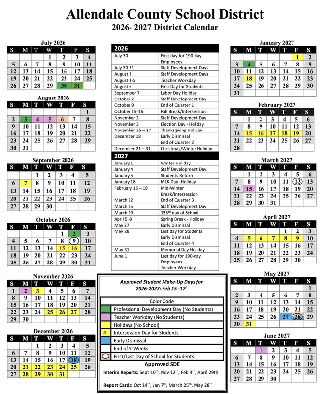allendale county school district 2026-2027 district calendar
