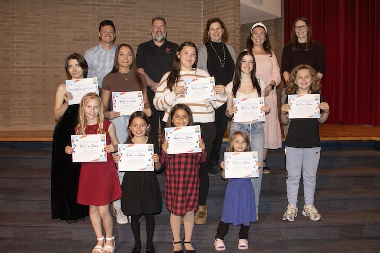 Group pictures of art show winners with their art teachers