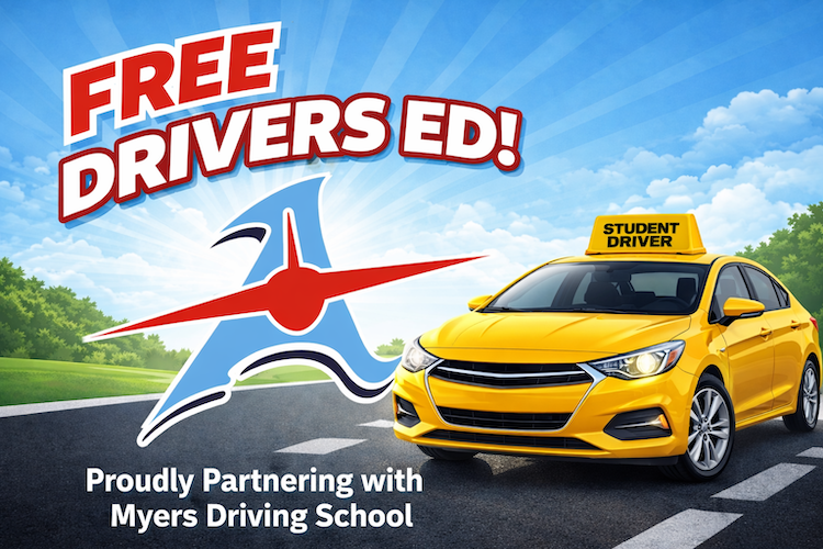 Graphic promoting “FREE DRIVERS ED!” featuring the Alliance “A” logo, a yellow student driver car on a road, and the text “Proudly Partnering with Myers Driving School” against a blue sky background.