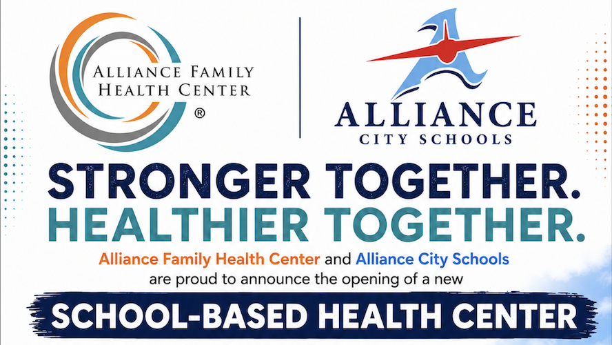 Graphic announcing a new partnership between Alliance Family Health Center and Alliance City Schools.  The Alliance Family Health Center and Alliance City Schools logos appear at the top of the graphic.  Large text reads: "Stronger Together. Healthier Together."  Below, the text states: "Alliance Family Health Center and Alliance City Schools are proud to announce the opening of a new School-Based Health Center."  The background is white with blue and teal accents and subtle orange and blue decorative elements. A dark blue banner across the bottom highlights the words "School-Based Health Center."