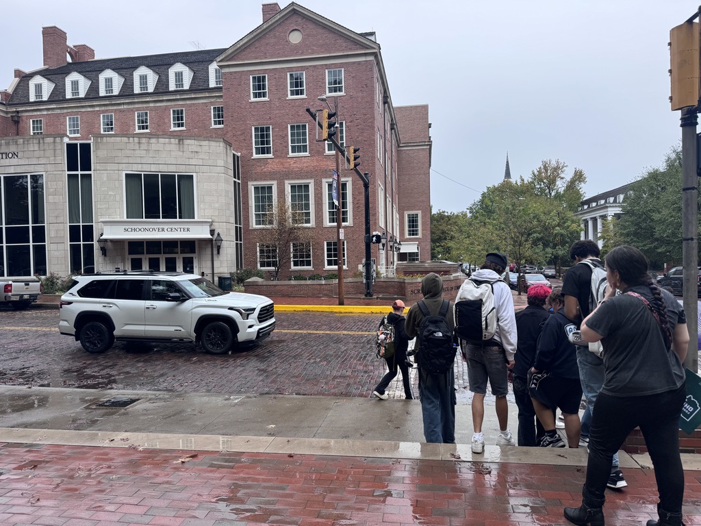 Students walking across the street