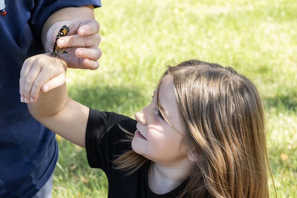 a student looking at a butterfly on  the back of her hand