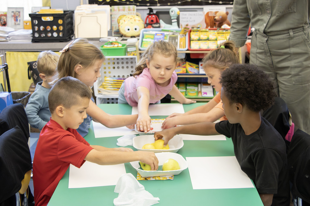 Students using apples as stamps