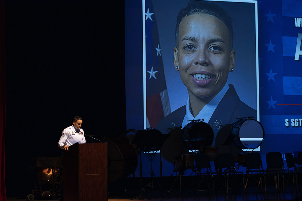 Technical Sergeant Hale presenting to the audience