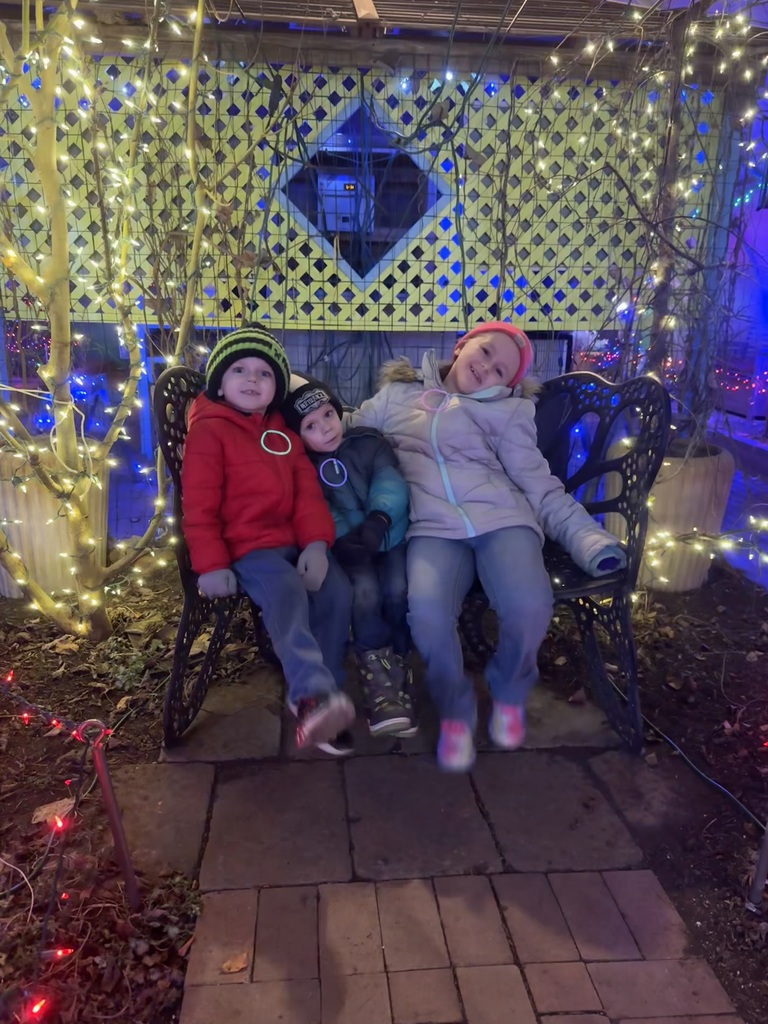 Reed family sitting on benches  covered in lights