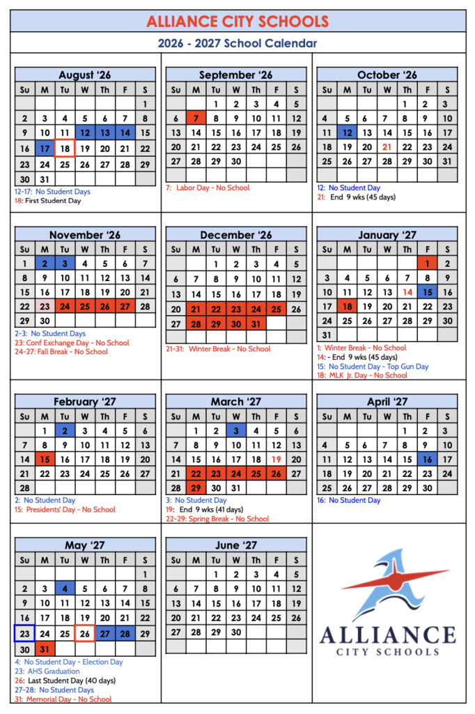 Copy of the school calendar with important dates marked in red and blue