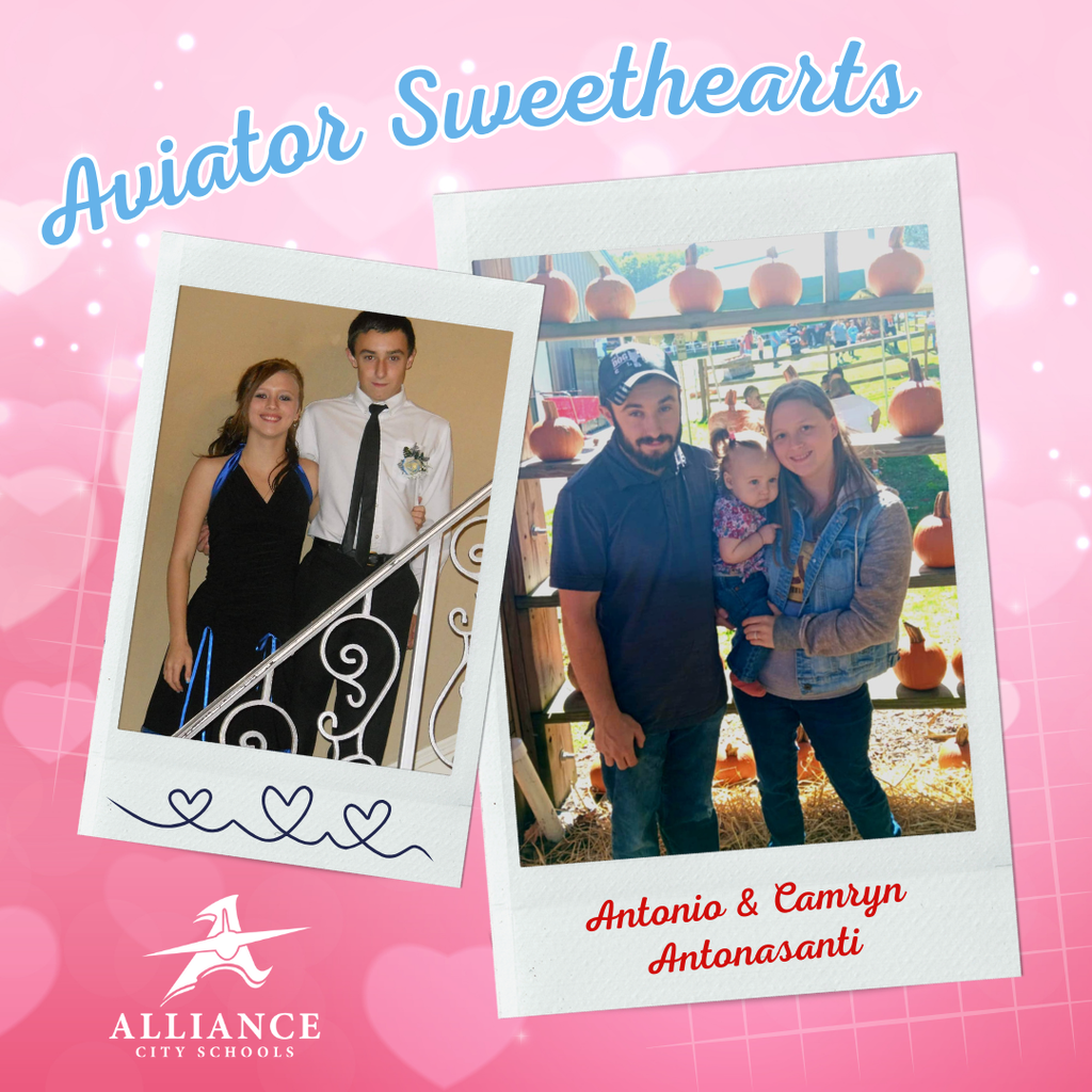 A graphic that says Aviator sweethearts with a picture of the couple from high school and another more recent picture.