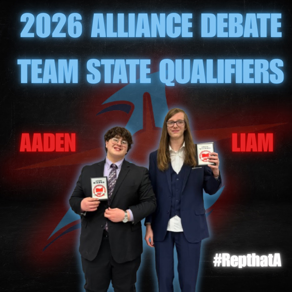 A social media graphic with pictures of Aaden and Liam that says "2026 Alliance Debate Team State Qualifiers"