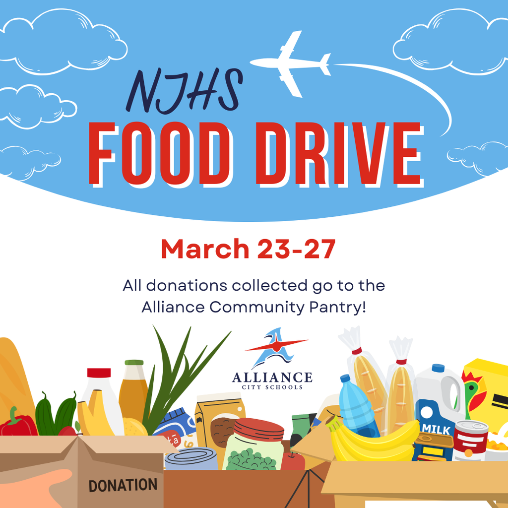 Flyer promoting the NJHS Food Drive. The bottom of the flyer has boxes of various food items.