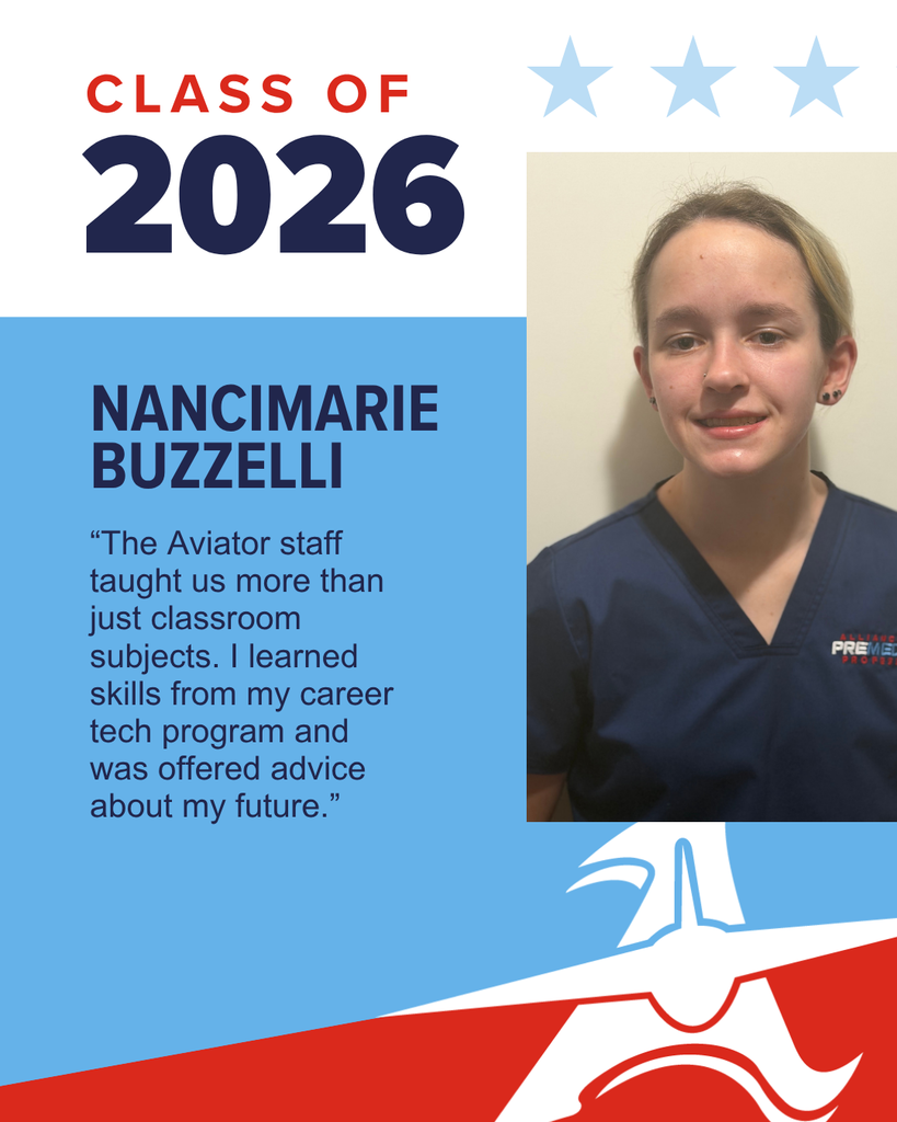 Graphic celebrating Alliance High School Class of 2026 senior Nancimarie Buzzelli. Includes a portrait of Nancimarie smiling, wearing navy blue medical scrubs against a plain background. Text features her quote: “The Aviator staff taught us more than just classroom subjects. I learned skills from my career tech program and was offered advice about my future.”