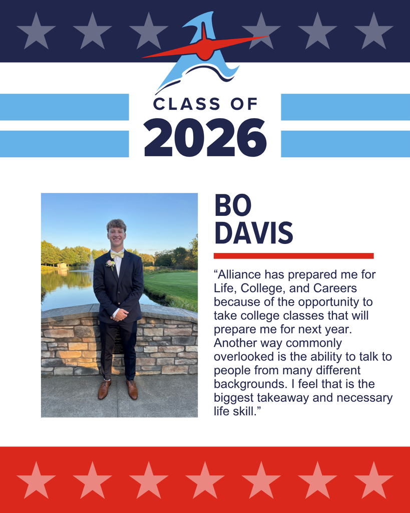 Bo Davis, Class of 2026, poses in a suit with a quote about his preparation for life, college, and careers.