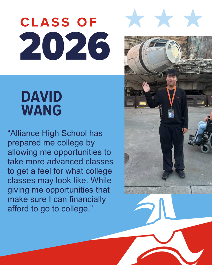 David Wang, Class of 2026, poses in front of a spaceship attraction, waving.