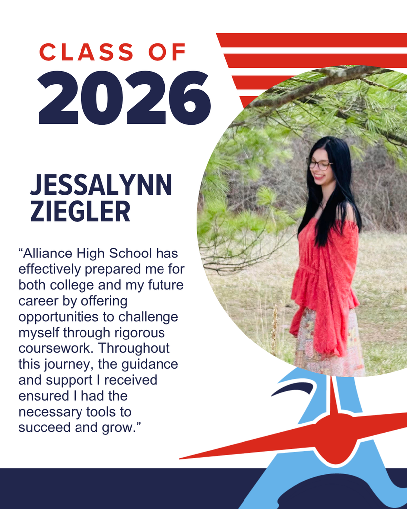 Jessalynn Ziegler, Class of 2026, smiles in an outdoor portrait with a quote about her high school experience.