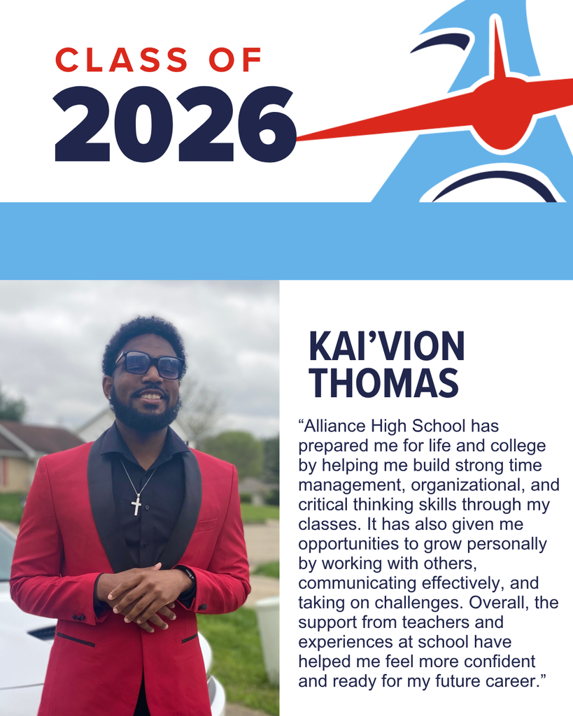 A young man in a red suit jacket smiles, with 'CLASS OF 2026' and his name, Kai'vion Thomas, visible.