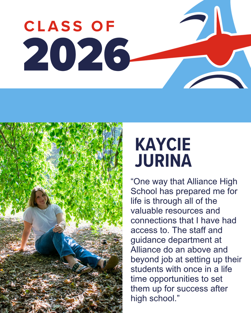 A young woman sits outdoors under leafy green trees, with text indicating "CLASS OF 2026" and "KAYCIE JURINA".