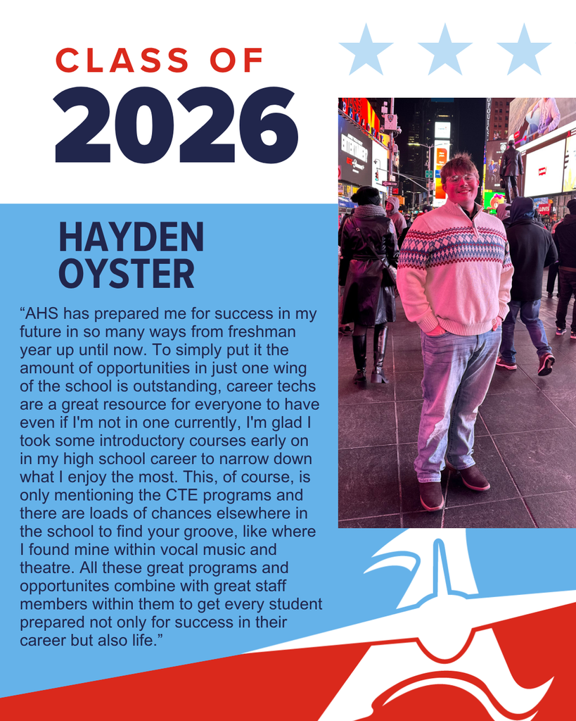 A young man, Hayden Oyster, is featured with text about the Class of 2026 and his positive school experiences.