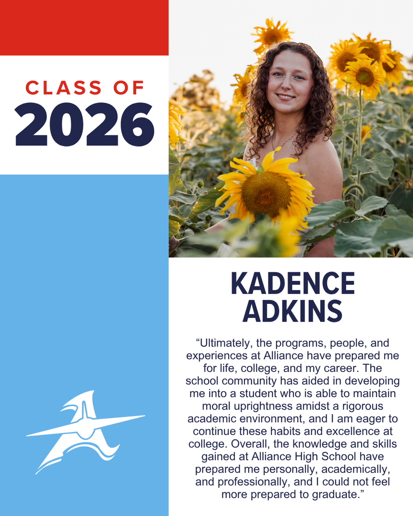 A young woman smiles in a field of sunflowers, with text indicating "CLASS OF 2026" and her name, Kadence Adkins.