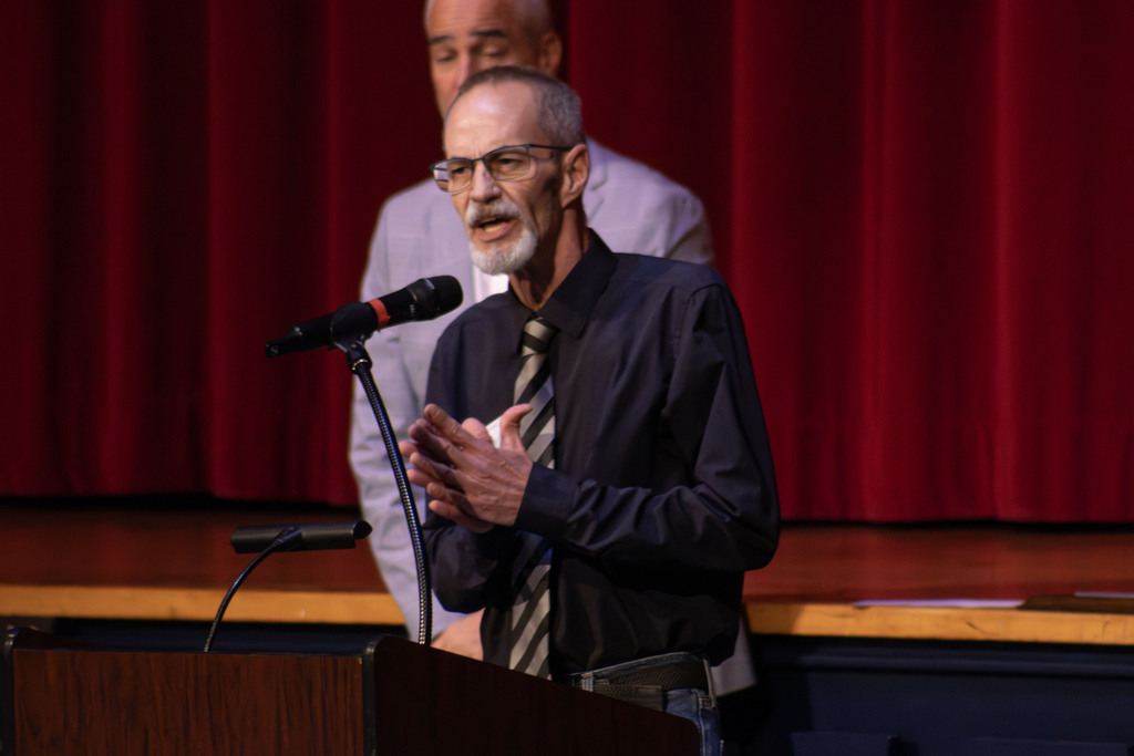 Chuck Morrison speaking to the students at AHS