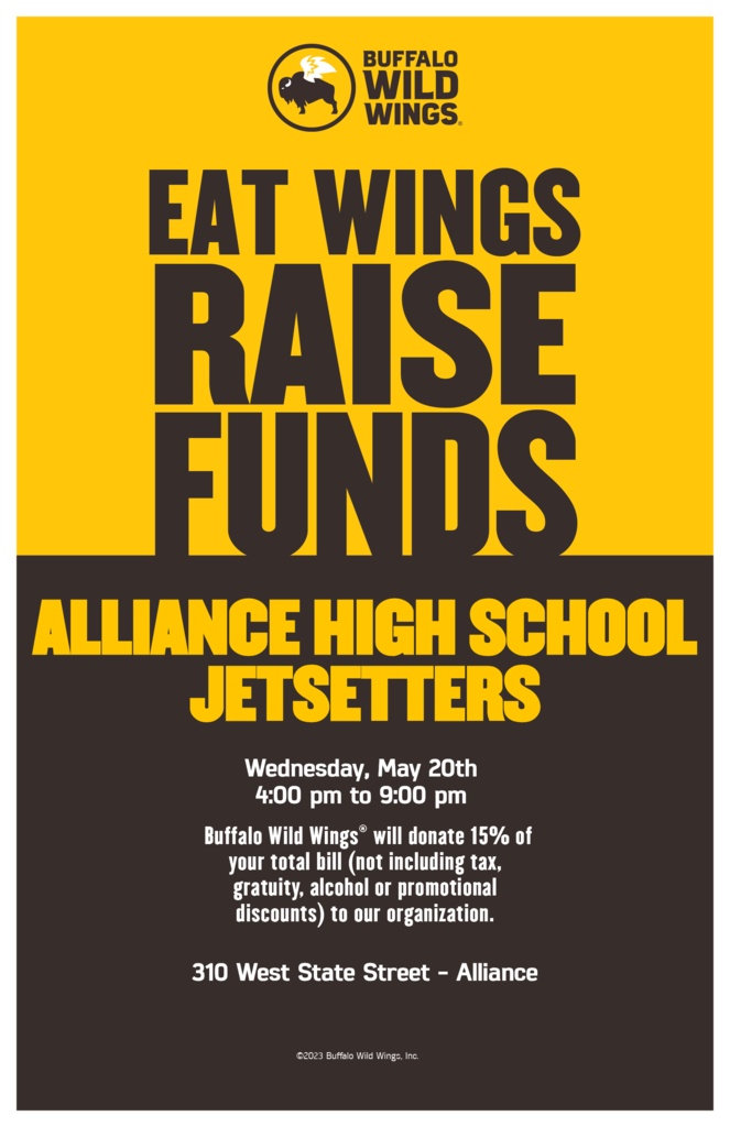 Buffalo Wild Wings event poster: 'Eat Wings Raise Funds' for Alliance High School Jetsetters on Wednesday, May 20th, 4-9 PM. 