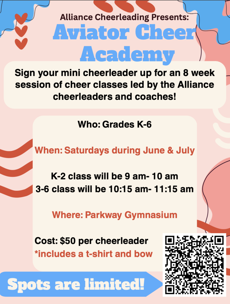 Alliance Cheerleading presents the Aviator Cheer Academy, an 8-week cheer class for grades K-6.