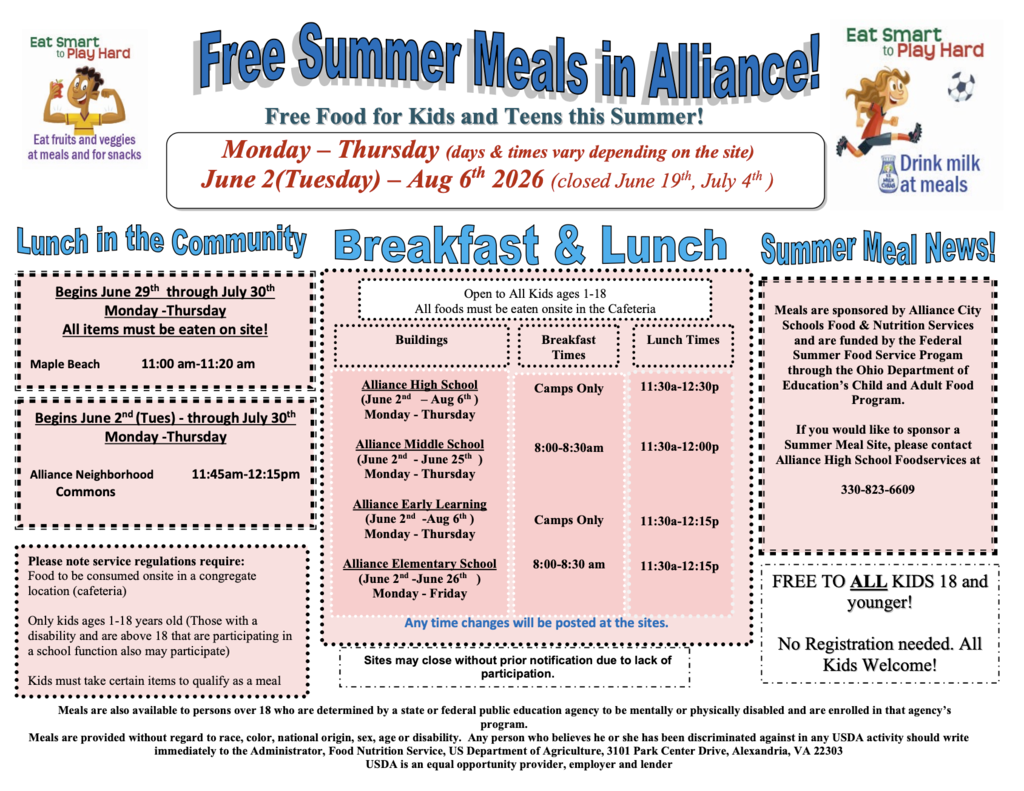 free summer meals - June 2 - Aug. 6