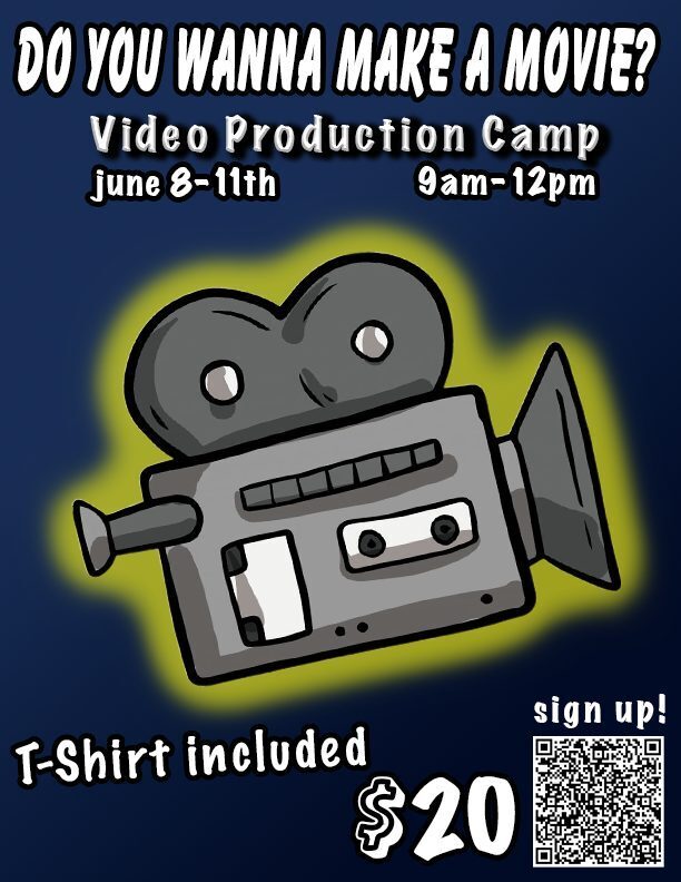 Poster for a Video Production Camp with the text 'DO YOU WANNA MAKE A MOVIE?' and a cartoon film camera.