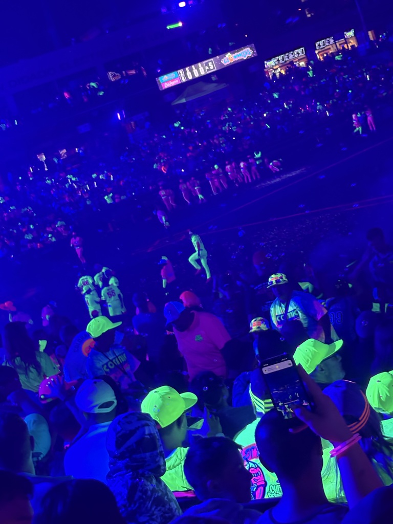Pictures of the stadium in the dark with neon colors