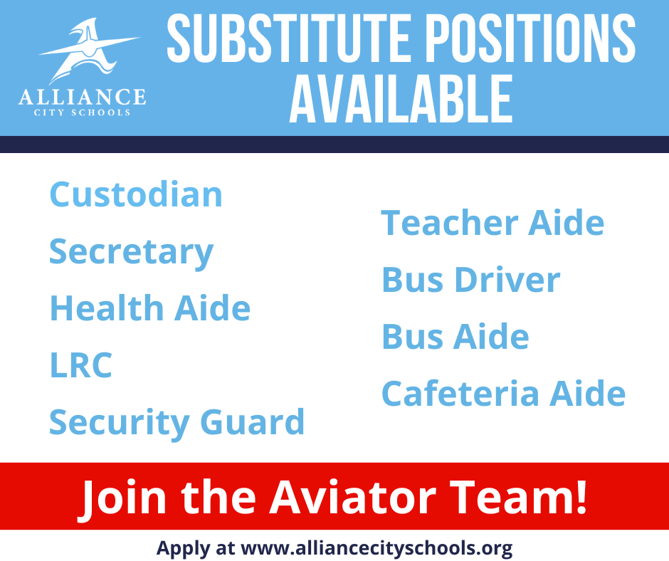 Substitute positions available: custodian, secretary, health aide, LRC, security Guard, Teacher Aide, Bus Driver, Bus Aide, Cafeteria Aide