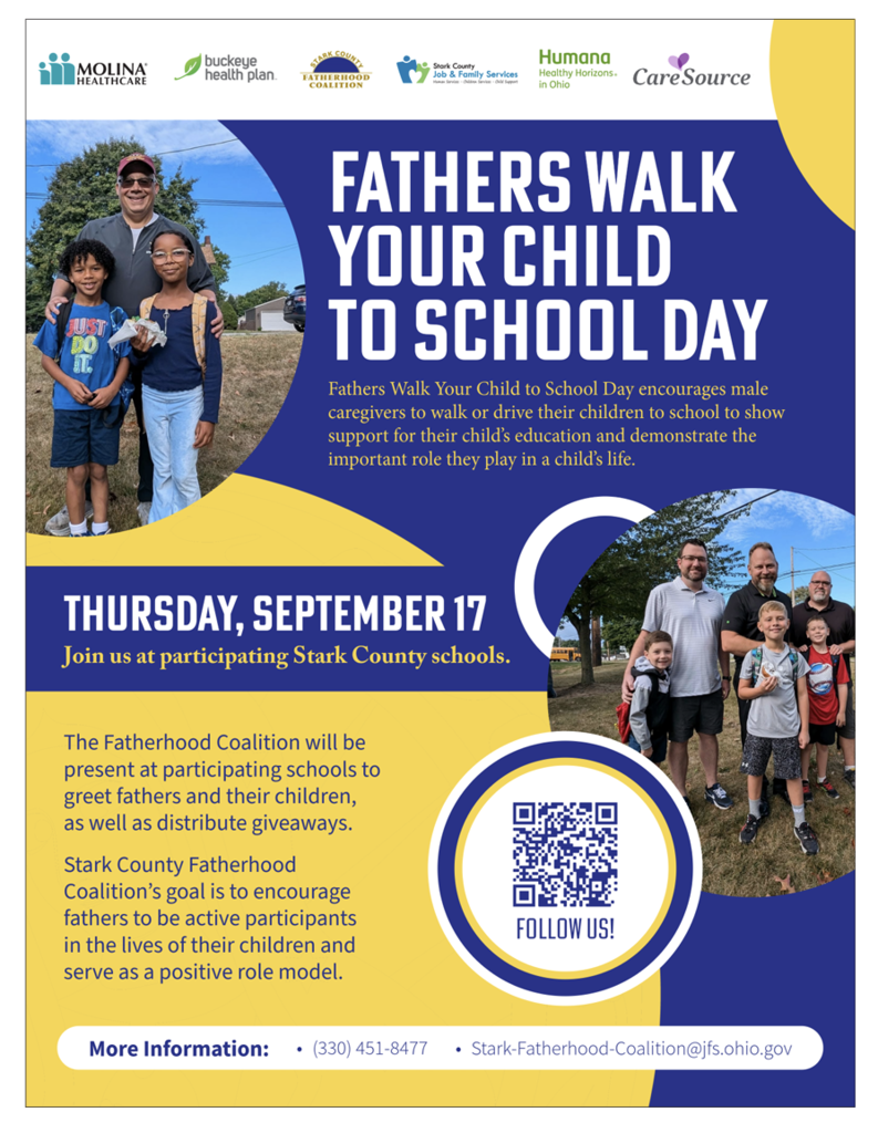 A flyer announces 'Fathers Walk Your Child to School Day' on Thursday, September 17, encouraging male caregivers to support their children's education.
