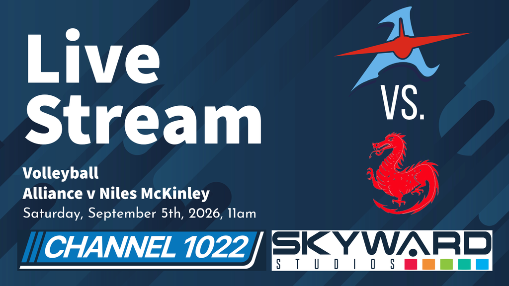 social media graphic promoting the livestream for the Alliance Vs. Niles volleyball game on Saturday, Sept. 5