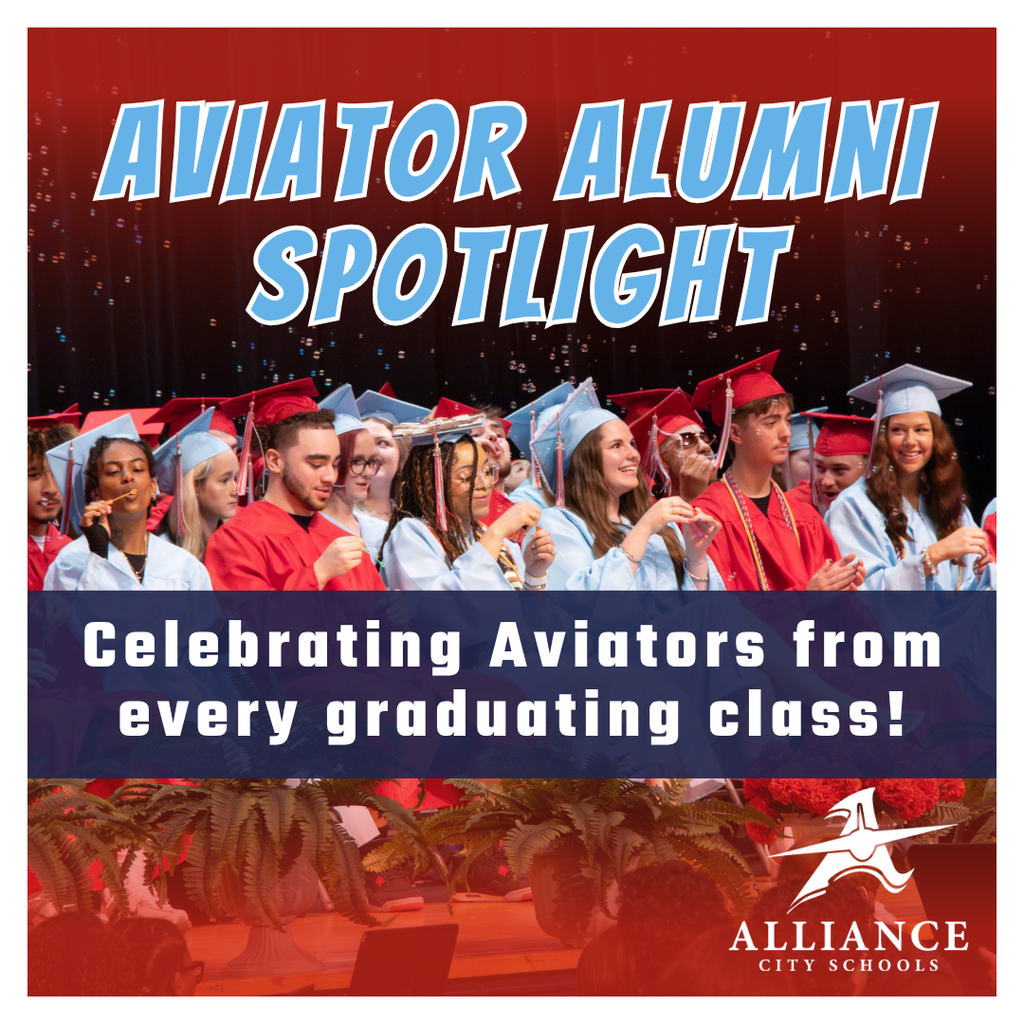 A social media graphic featuring a picture of graduates that says Aviator Alumni Spotlight - celebrating Aviators from every graduating class