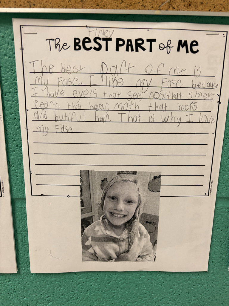 A student worksheet titled “The Best Part of Me” is displayed on a classroom wall. The student, Finley, wrote about why her face is the best part of her. A black-and-white photo of the smiling student is attached at the bottom of the page.  The student’s writing reads: “The best part of me is my face. I like my face because I have eyes that see, nose that smells, ears that hear, mouth that talks and beautiful hair. That is why I love my face.”