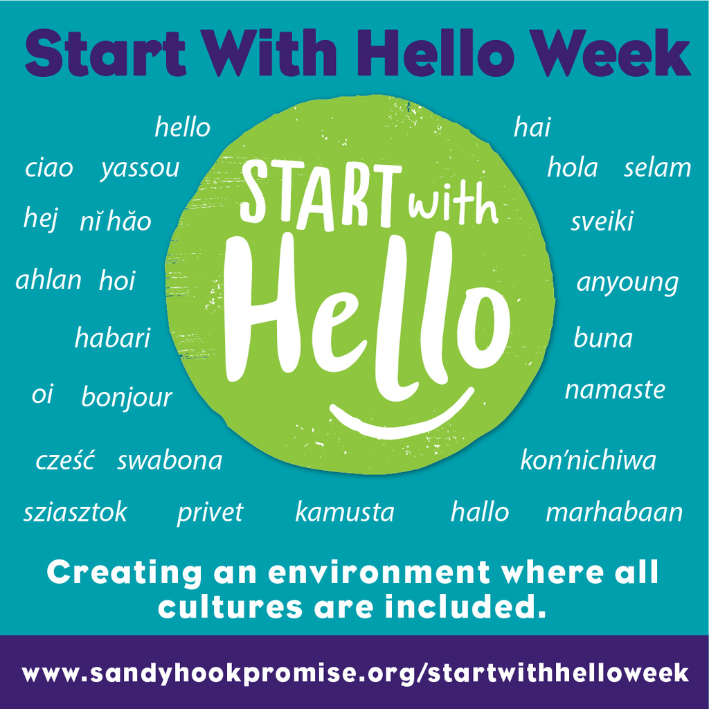 A color ful graphic that says "Start with Hello Week" followed by the word "hello" in several different languages