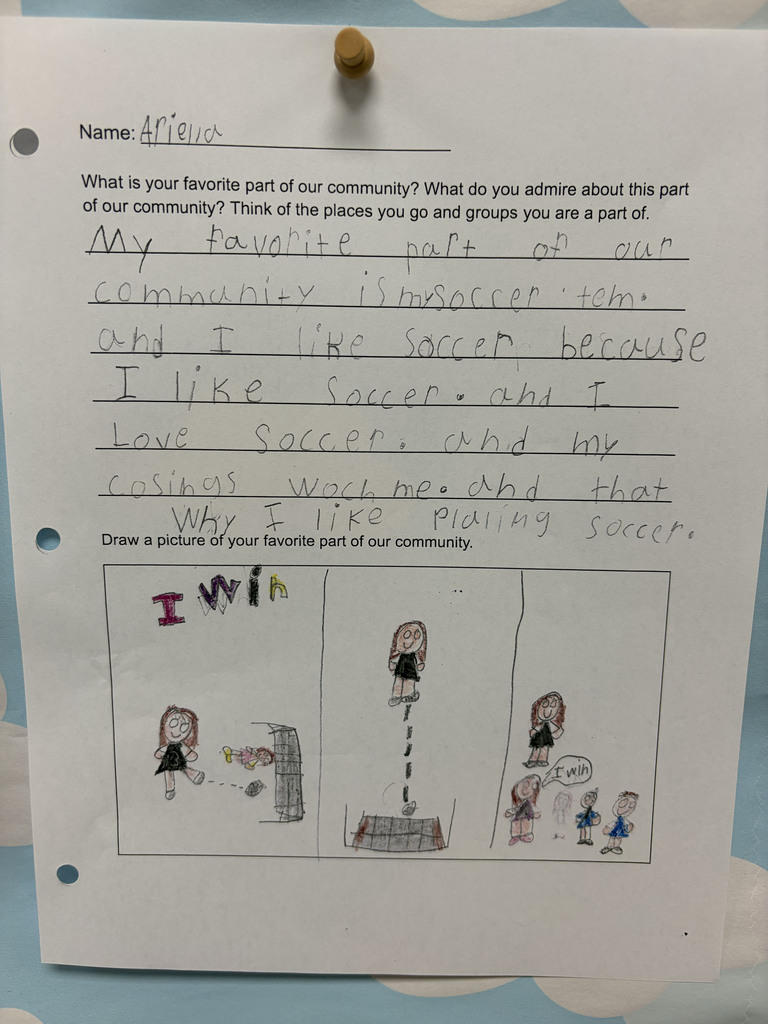 A student worksheet asks, “What is your favorite part of our community? What do you admire about this part of our community? Think of the places you go and groups you are a part of.” The student, Arieva, writes about soccer being her favorite part of the community because she enjoys playing and her cousins watch her. Below the writing is a colorful drawing showing several scenes of the student playing soccer, including kicking a ball toward a goal and standing near other people. Transcription of student writing: “My favorite part of our community is my soccer team. and I like soccer because I like soccer. and I love soccer. and my cosings wach me. and that why I like plaing soccer.”