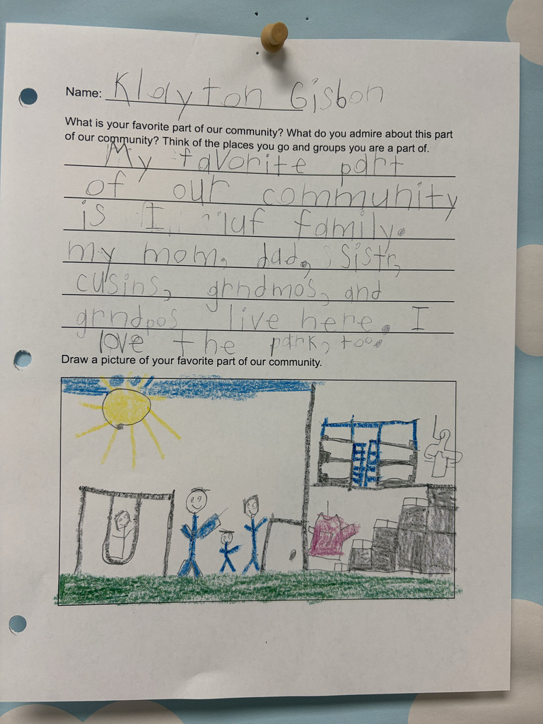 A student worksheet asks, “What is your favorite part of our community? What do you admire about this part of our community? Think of the places you go and groups you are a part of.” The student, Klayton Gibson, writes that his favorite part of the community is his family, including his mom, dad, sister, cousins, grandmas and grandpas, and that he also loves the parks. Below the writing is a colorful drawing of people together at a park. The picture includes a swing, several people, playground equipment, green grass, a blue sky and a yellow sun. Transcription of student writing: “My favorite part of our community is I luv family. my mom, dad, sister, cousins, grandmas, and grandpas live here. I love the parks, too.”