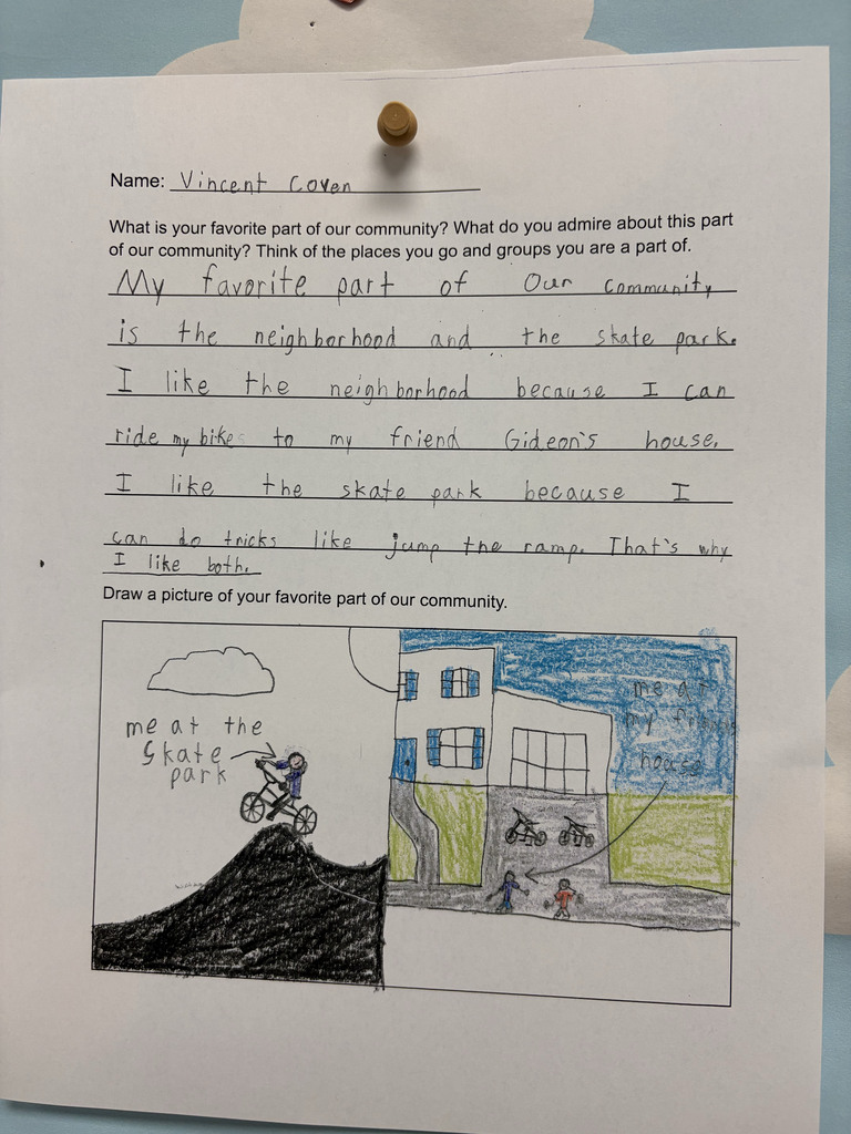 A student worksheet titled with the prompt, “What is your favorite part of our community? What do you admire about this part of our community? Think of the places you go and groups you are a part of.” The student, Vincent Coven, writes about enjoying his neighborhood and the skate park. Below the writing is a colorful drawing divided into two scenes. On the left, the student is shown riding a bike over a ramp at the skate park with the words “me at the skate park.” On the right is a neighborhood scene with a house, bicycles and people outside, labeled “friend’s house.” Transcription of student writing: “My favorite part of our community is the neighborhood and the skate park. I like the neighborhood because I can ride my bikes to my friend Gideon’s house. I like the skate park because I can do tricks like jump the ramp. That’s why I like both.”