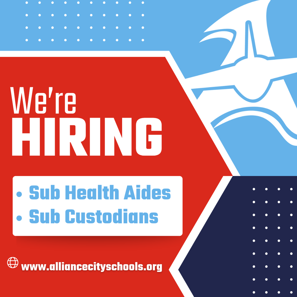 Colorful graphic promoting the hiring of sub health aides and custodians