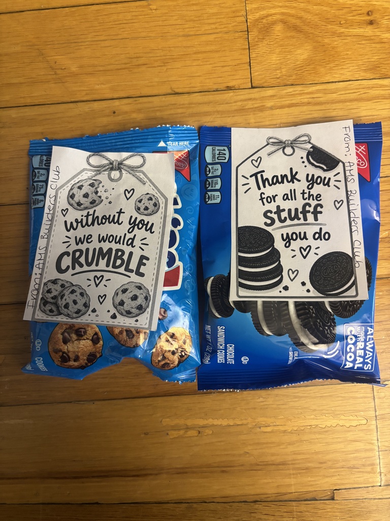 Little packs of chips ahoy cookies and oreos with notes that say "Without you we would crumble" and "Thank you for all the stuff you do"