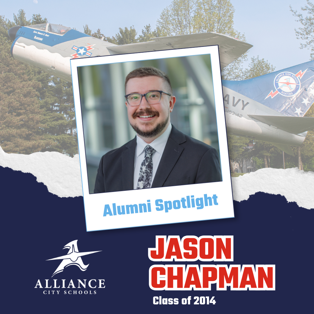 A color social media graphic that says "Alumni Spotlight: Jason Chapman Class of 2014"