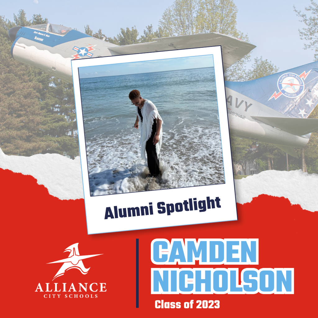 colorful graphic for the alumni spotlight of Camden Nicholson class of 2023