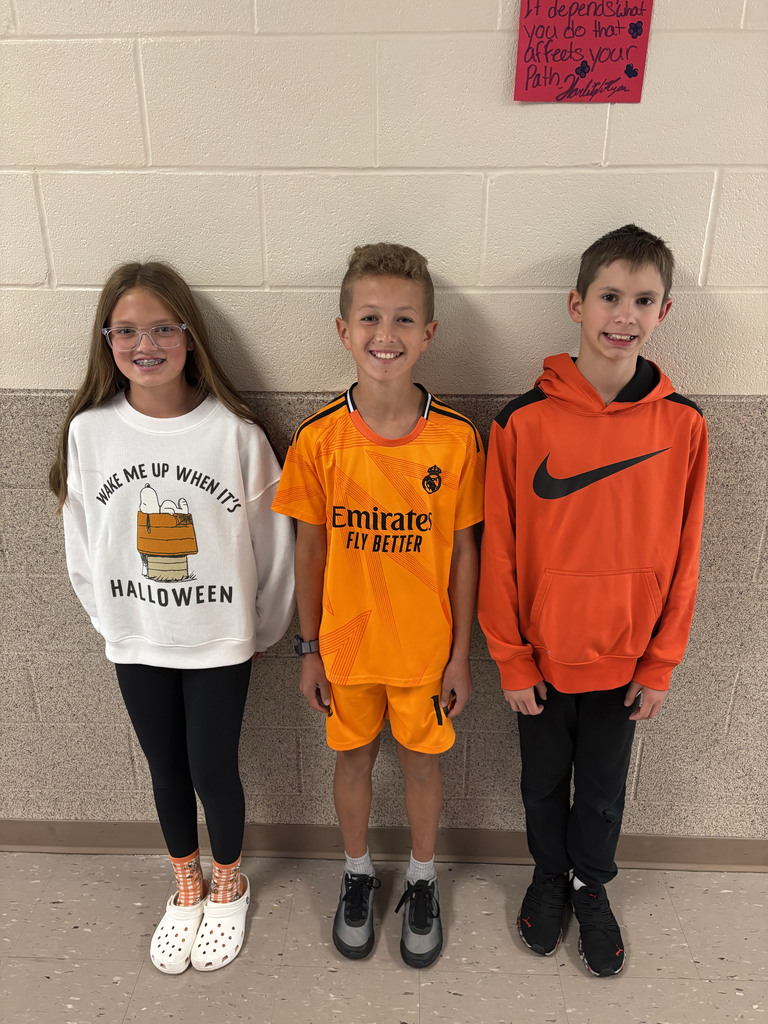 Three students stand together for a picture. All are wearing orange clothes