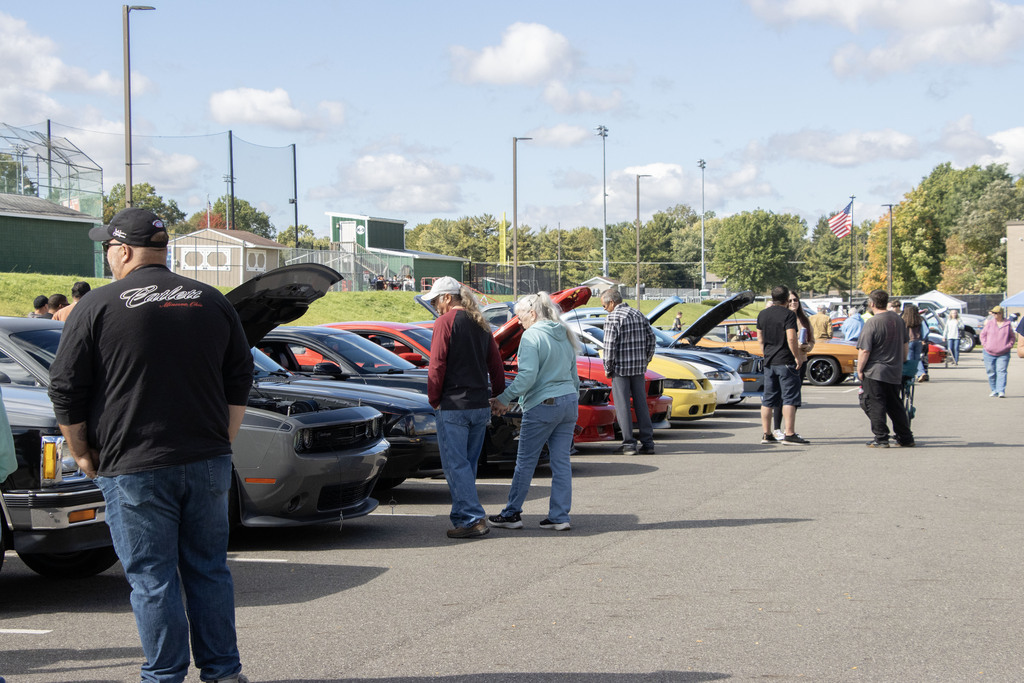 Cars are lined up in the parking lot with people looking at them