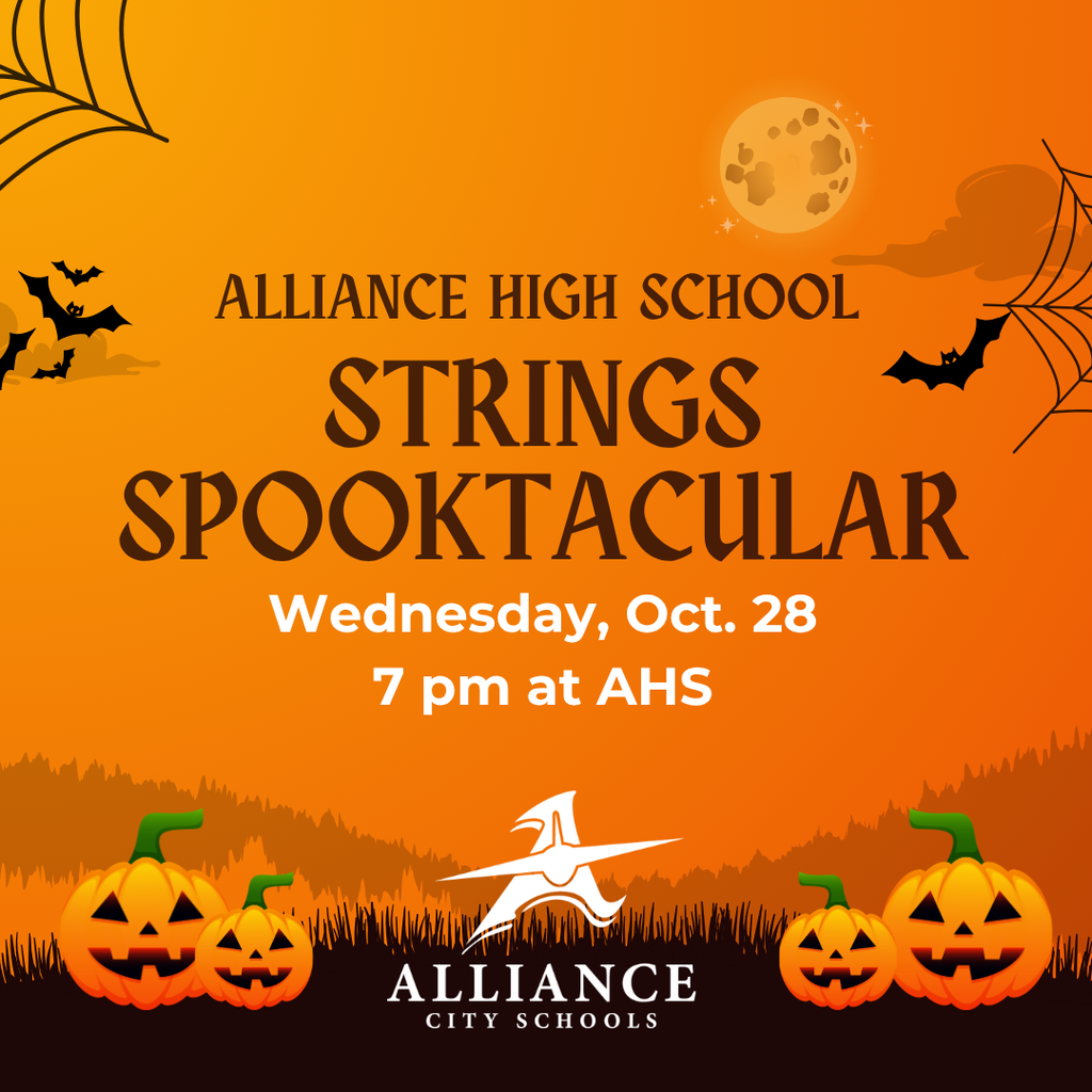 Colorful orange and black graphic with pumpkins, bats and cobwebs promoting the  AHS Strings spooktacular on Wednesday, Oct. 28 at 7 pm